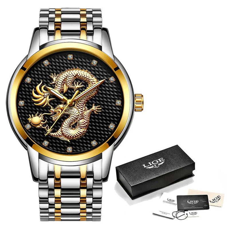 Gold black S Relogio masculino, оригинальные мужские часы LIGE s, Лидирующий бренд, Роскошные Кварцевые часы с золотым Драконом и скульптурой, мужские полностью Стальные наручные часы+ коробка - Цвет: Gold black S