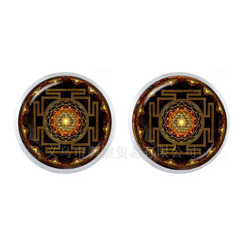 OM Yoga Mandala Stud Earrings 12mm Glass Dome Cabochon Zen Buddhism Mandrake Silver Plated For Women Girls Trendy Gift | Украшения и