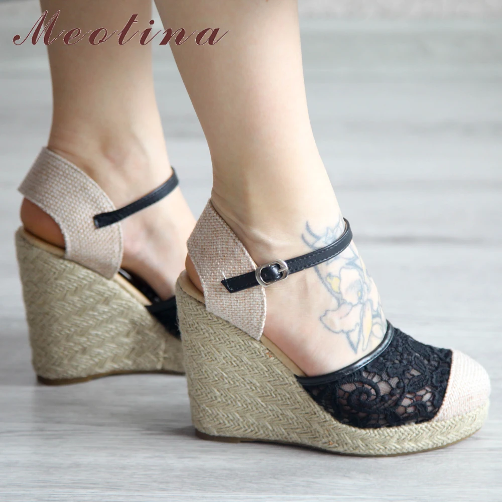 Meotina/Espadrille/женские летние сандалии на танкетке шнурках в богемном стиле высоком