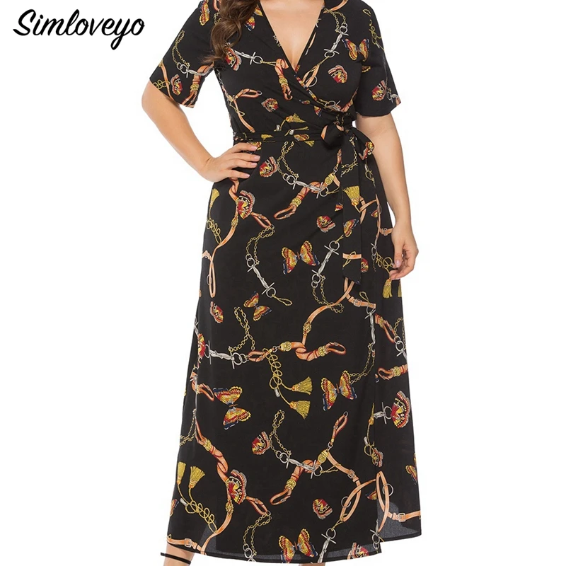 

SIMLOVEYO New Spring Big code Casual A Line Half Sleeve Sexy Leopard Print Ankle Length Empire V Neck Summer Polyester Dress