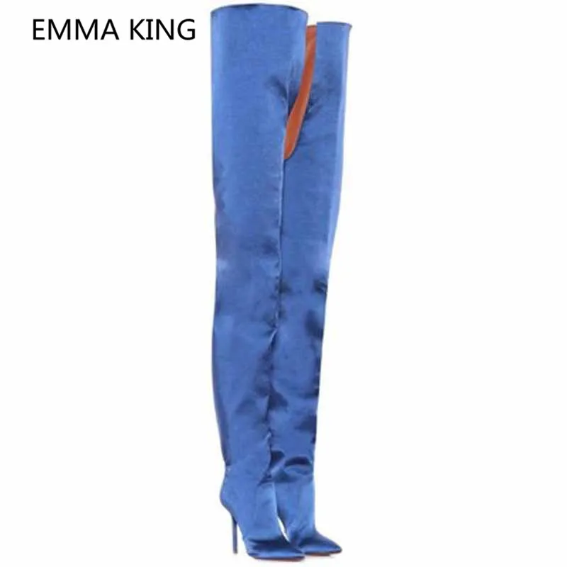 Luxury Silk Satin Women Over The Knee Crotch Boots Pointed Toe Sexy 12cm Stiletto High Heels Ladies Winter Shoes Cowboy Boots