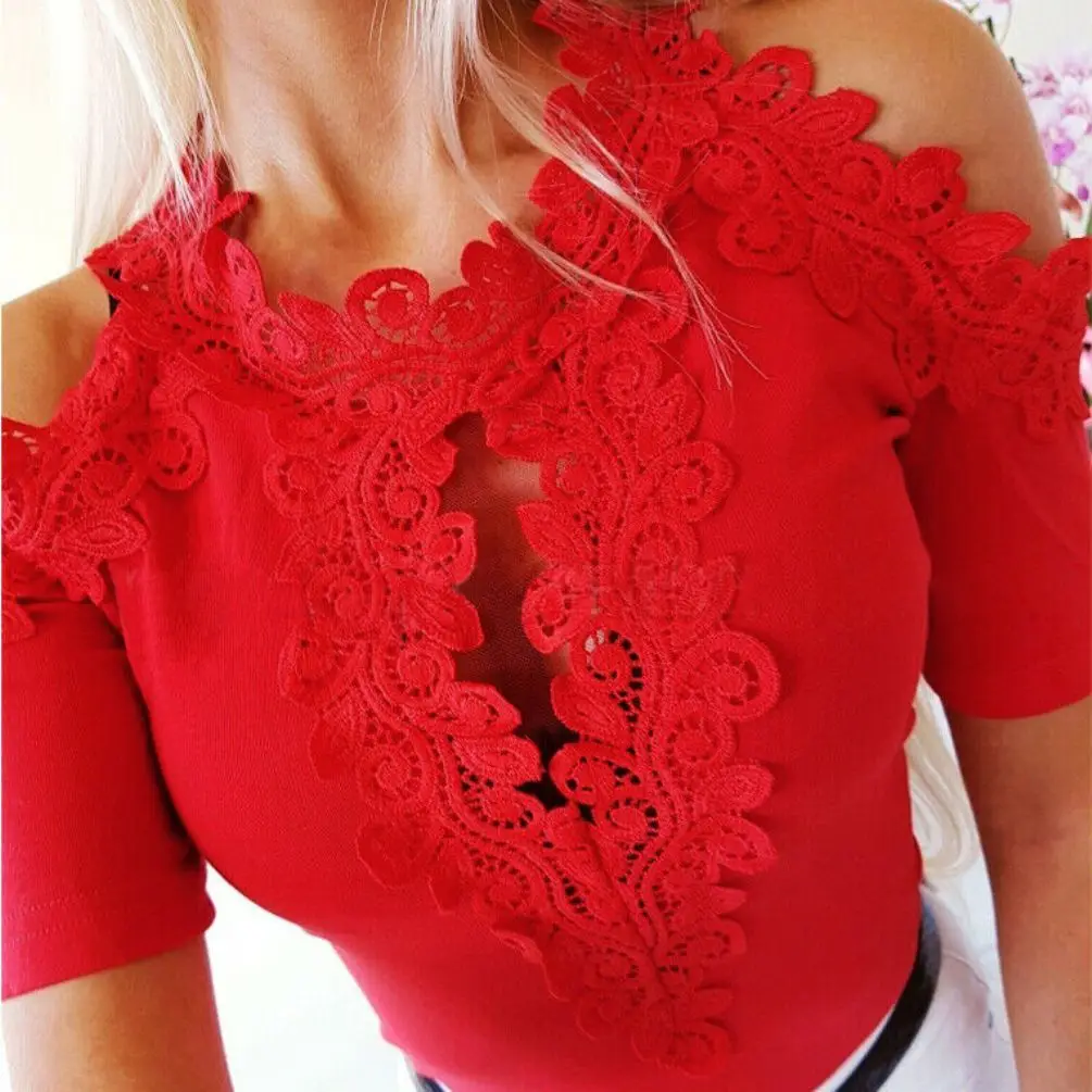 Женская кружевная блузка с открытыми плечами повседневная облегающая коротким