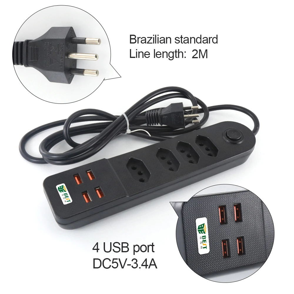 Электрическая розетка 3/4 gang с 4 USB портами стандартный бразильский