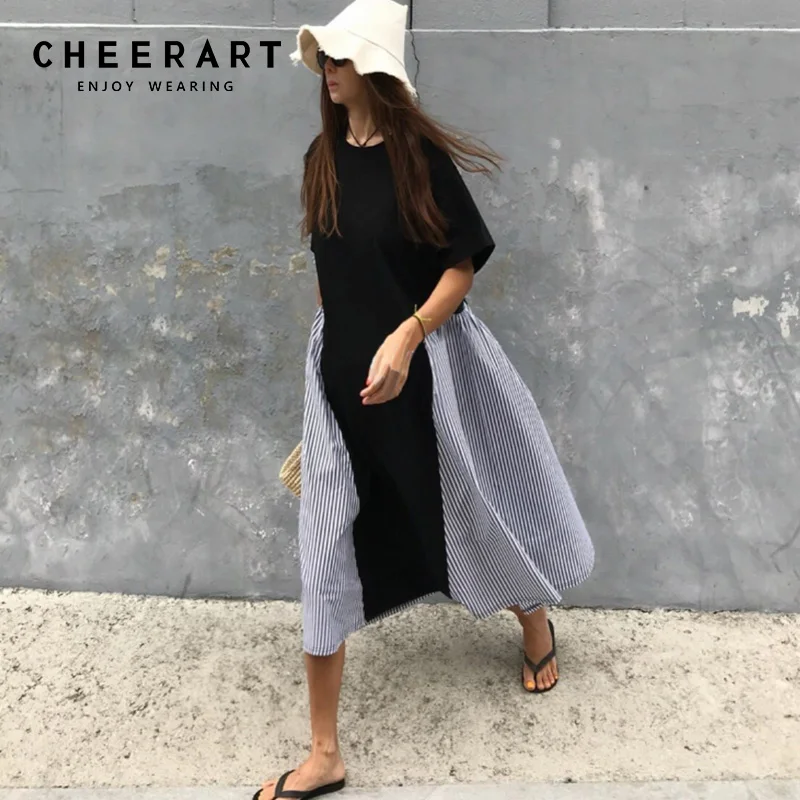 Летнее Свободное длинное платье Cheerart в полоску женское лоскутное качели