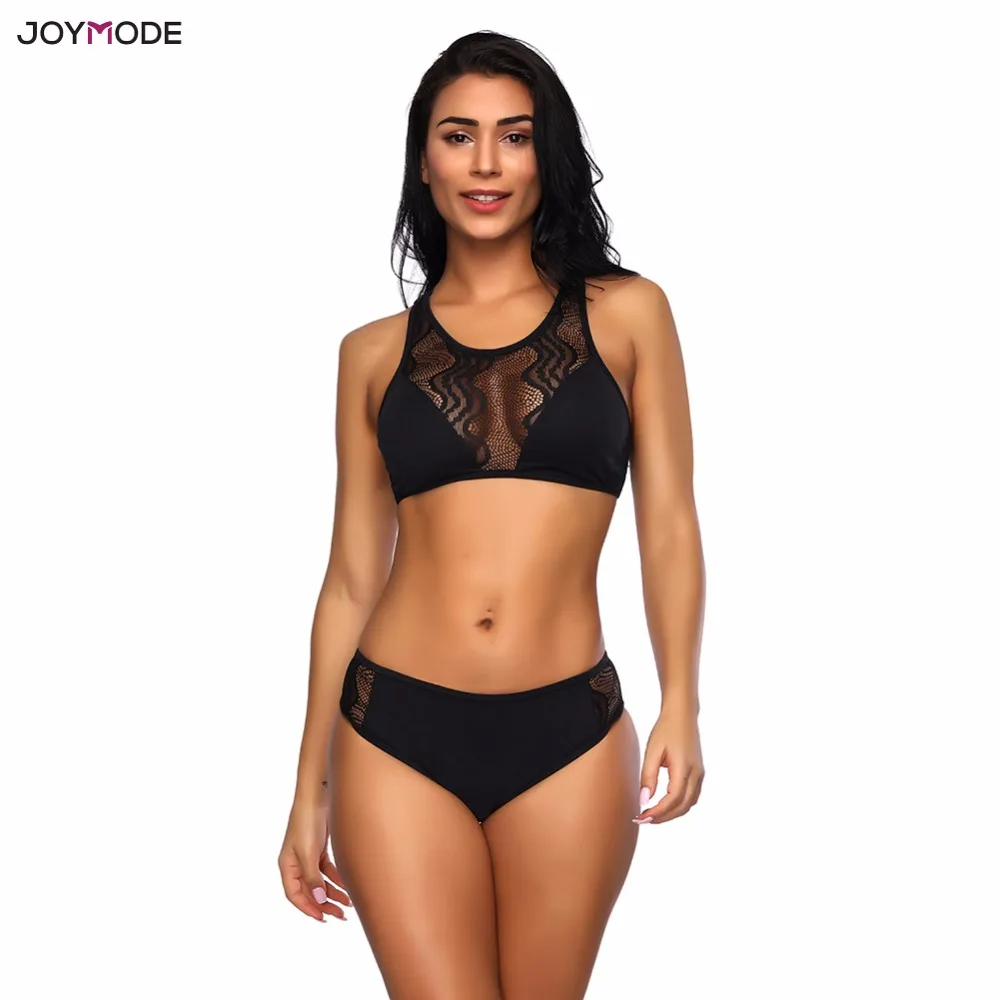 JOYMODE 2018 Новый женский сексуальный кружевной купальник из двух частей черно белое