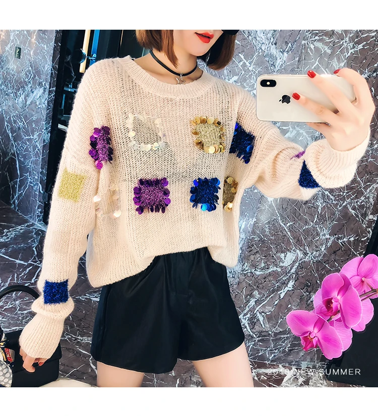 Cakucool пайетки тонкий свитер Для женщин шею блестящие Джемперы Knit Pull Корейская