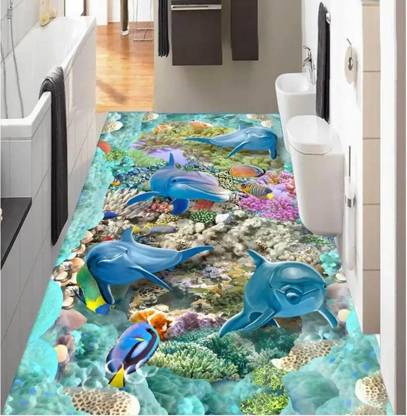 

3 d pvc flooring custom photo wallpaper wall sticker sea Dolphin coral fish home decor 3d wall murals wallpaper for walls 3 d