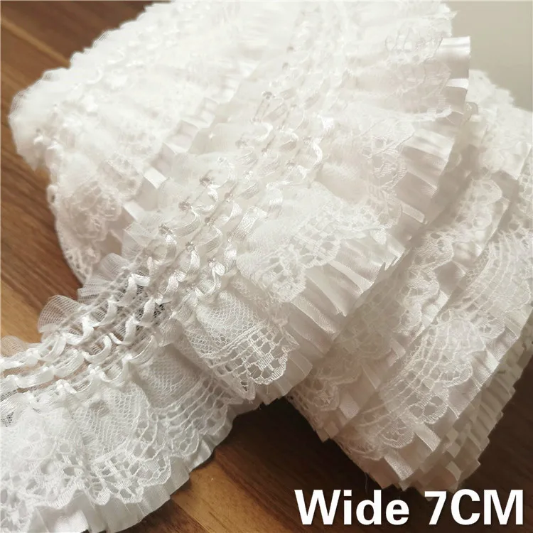 7CM Wide White 3D Lace Applique Embroidery Collar Ribbon Elastic Ruffle Trim Dress Skirts Headwear Sewing DIY Guipure Supplies