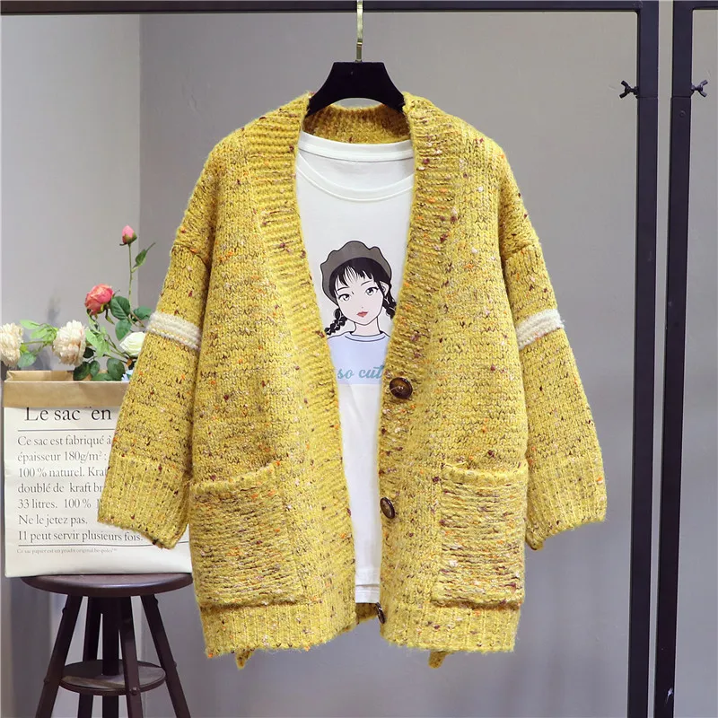 2018 New Autumn Winter Women's Thickened Sweater Female V Collar Long Sleeve Knitted Cardigan Jacket Loose Coat Knitwear |