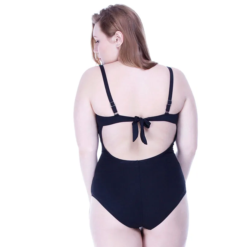 Купальник большого размера Женский цельный костюм полосатый принт черный