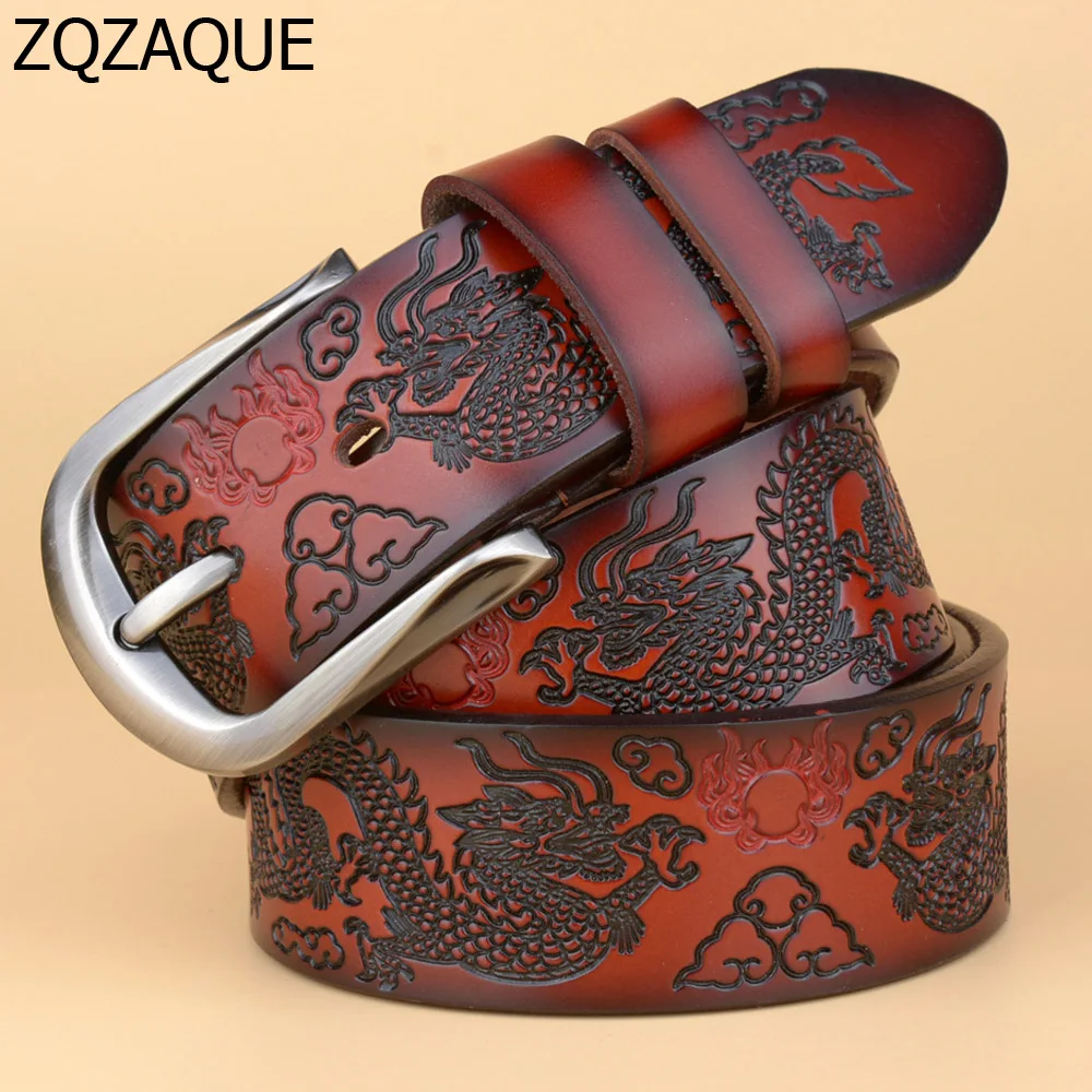 

Men's New Accessories Jeans Belts Genuine Cow Leather Pin Buckle Straps Chinese Dragon Pattern Cool Girdles For Male SY1545