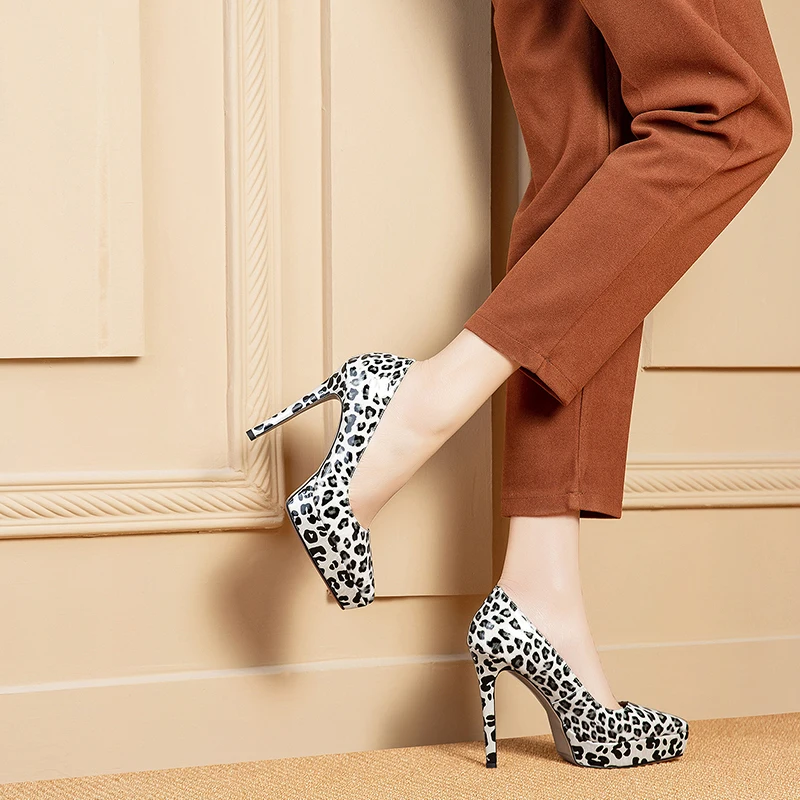 

ISNOM Leopard Print Pumps Women Pointed Toe Footwear High Heels Shallow Platform Shoes Female Genuine Leather Shoes Woman 2019