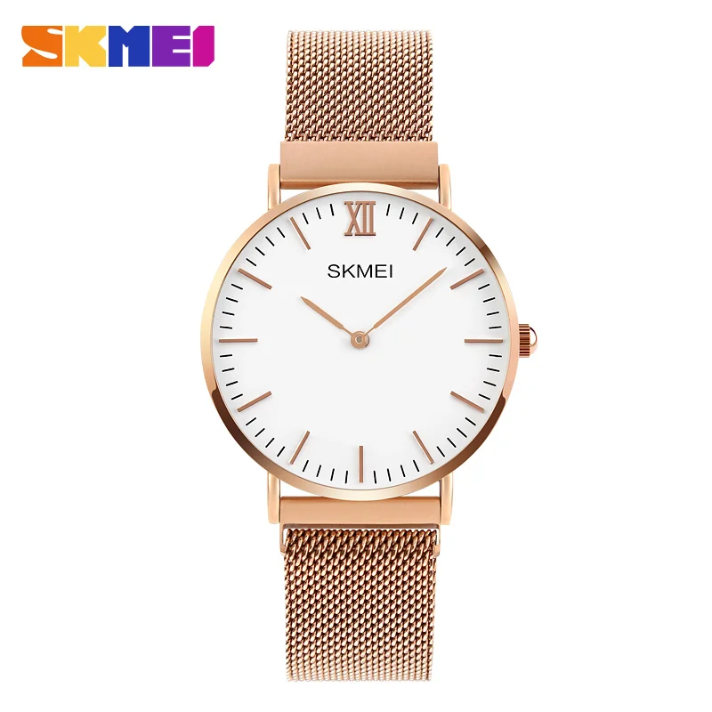 lady gold SKMEI ультратонкий дизайн часы для влюбленных новые мужские s часы лучший бренд Роскошные мужские часы из нержавеющей стали магнитная сетка женские часы-браслет - Цвет: lady gold