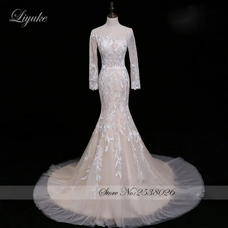 

Liyuke Elegant Tulle O-Neck 2019 Mermaid Wedding Dress Cap Sleeves Trumpet Bridal Dress With Beautiful Appliques