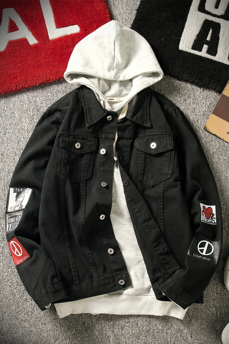 

Men Autumn Black Denim Jackets Large Size Outwear Jean Coats New Fashion Men Print Casual Denim Jackets Size 5XL