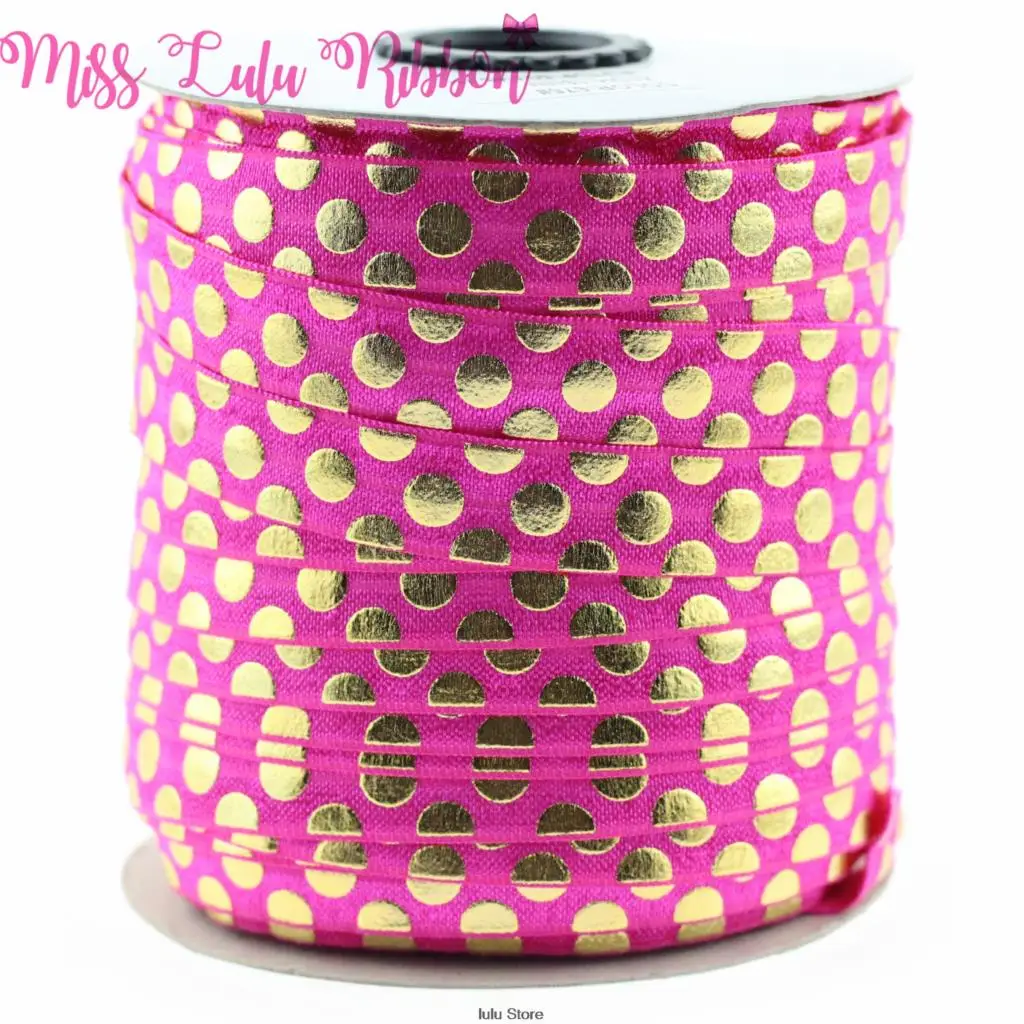 5/8&quot16mm(1.5cm) white gold foil polka dots printed fold over elastic ribbon glitter band handmade hair bows sewing tool 50 yards | Дом и