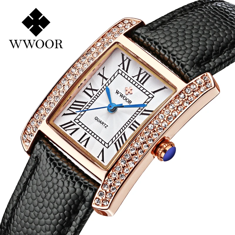 Топ класса люкс WWOOR новые женские часы крутые золотые черные Кристальные ремешок