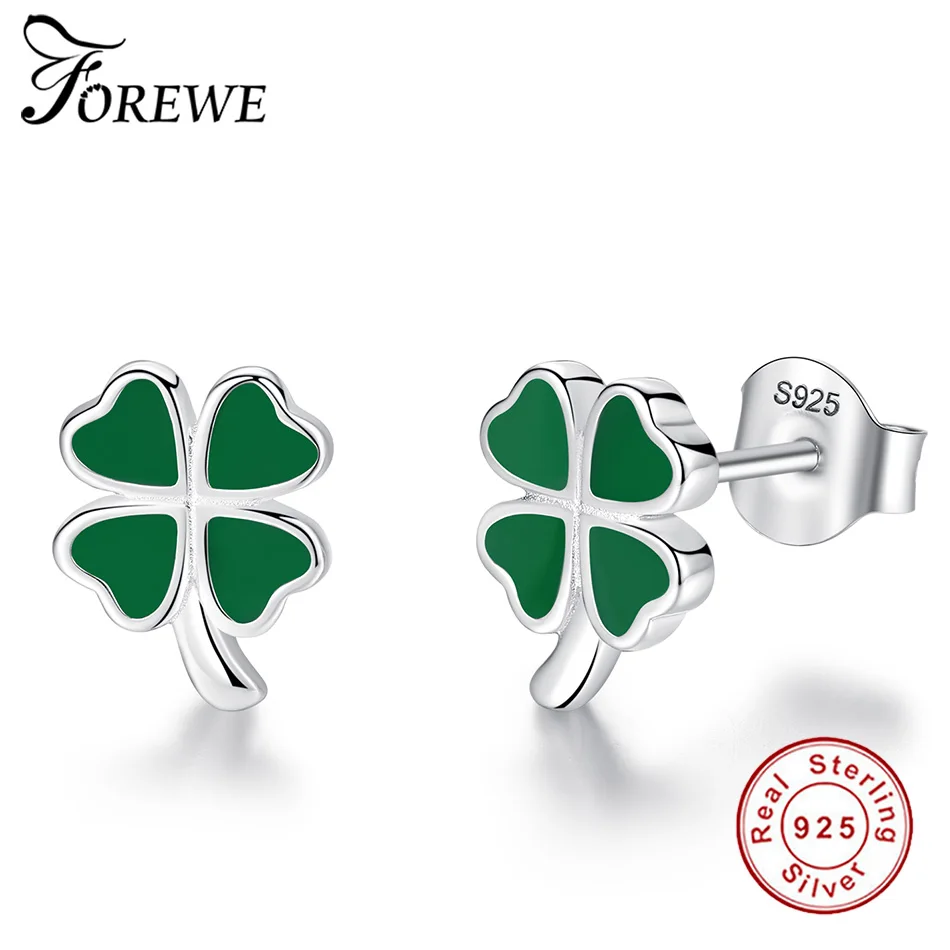 Женские серьги гвоздики FOREWE Green с четырьмя листьями клевера модные из