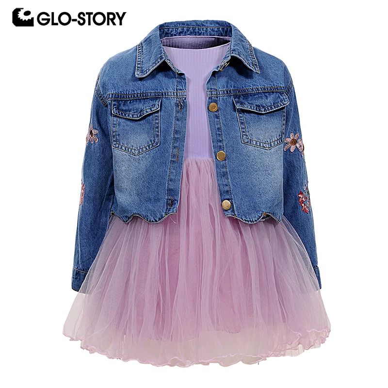 GLO-STORY Baby Girls 2018 Spring Denim Jacket with Pink Dress Sets Kids Girl Floral Fashion Suits Children Clothes Wholesale | Детская