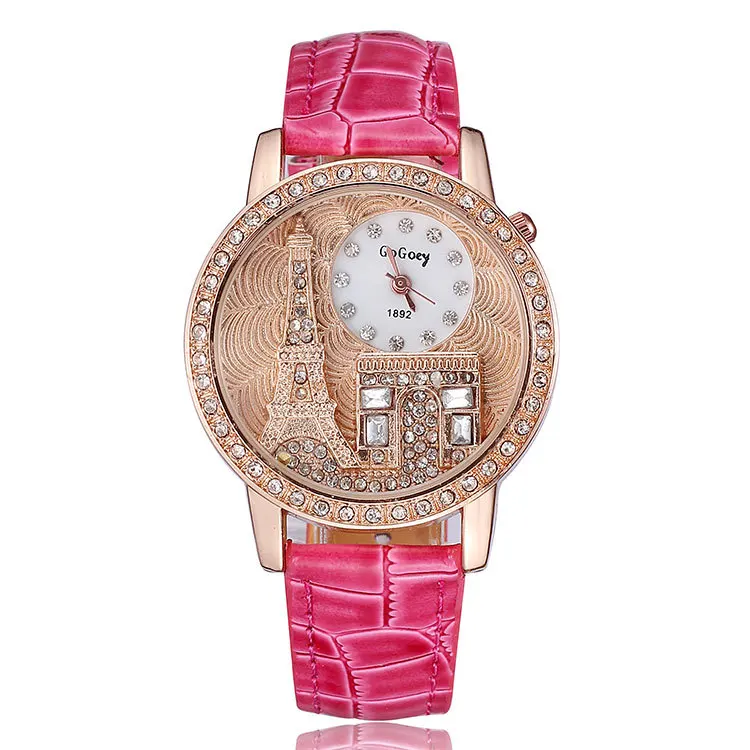 2014 Fashion watch quartz analog alloy Effiel Tower design big case crystal diamonds women leather strap wristwatches | Наручные часы