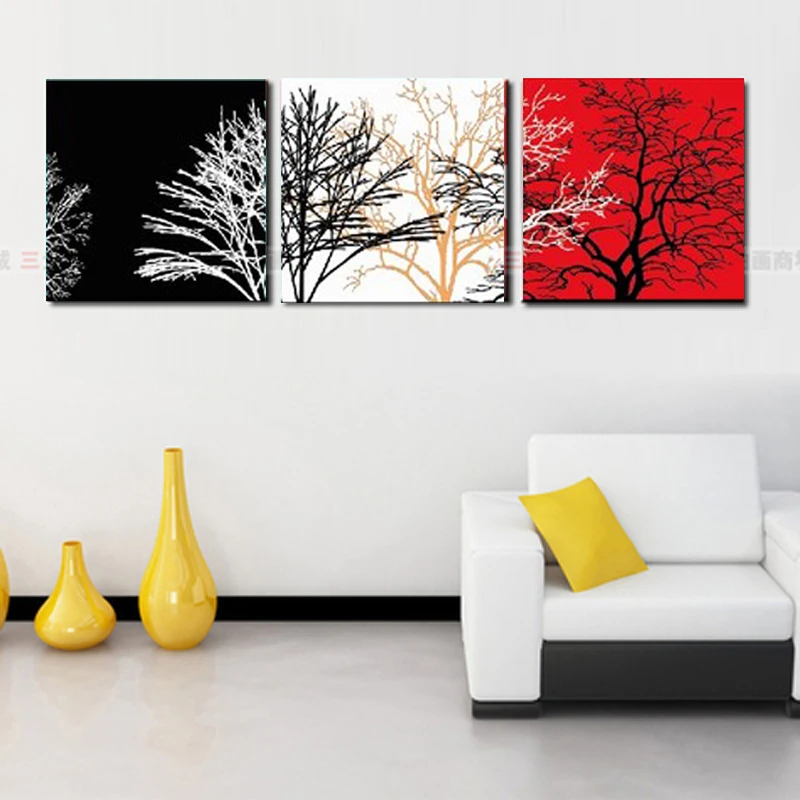 Картины 3 шт. холст абстрактная картина маслом белое и красное дерево для дома