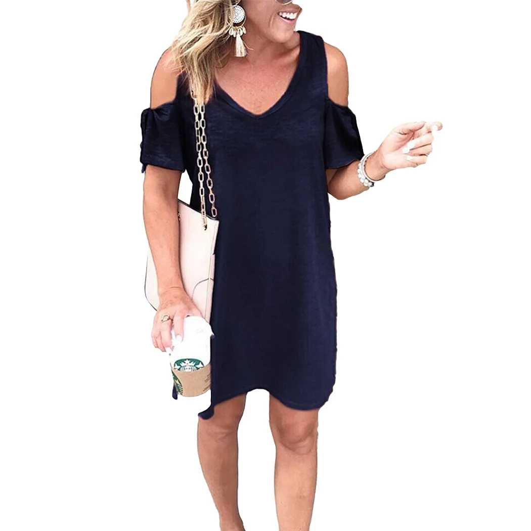 Women Casual V-Neck Hollow Out Sleeve Dress Fashion Solid Loose Dresses Ladies Summer Bow Off shoulder Plus Size Vestidos |