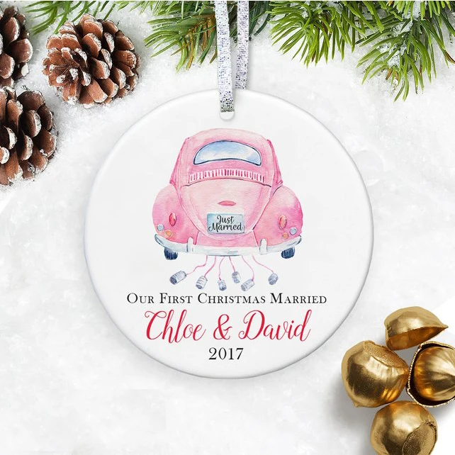 

Pink Wedding Car Just Married Ornament Wedding Ceramics Ornament First Christmas Married Ornament Wedding Gift for Newlywed