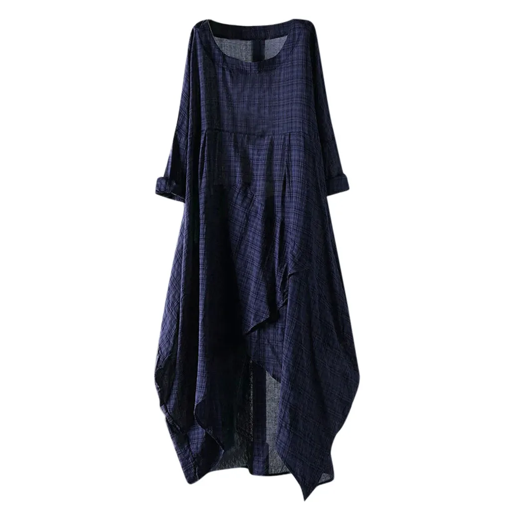 JAYCOSIN 2019 Women Check Plaid Summer O-Neck Long Sleeve Irregular Shirt Dress Vintage Split Hem Cotton Vestido dropship | Женская