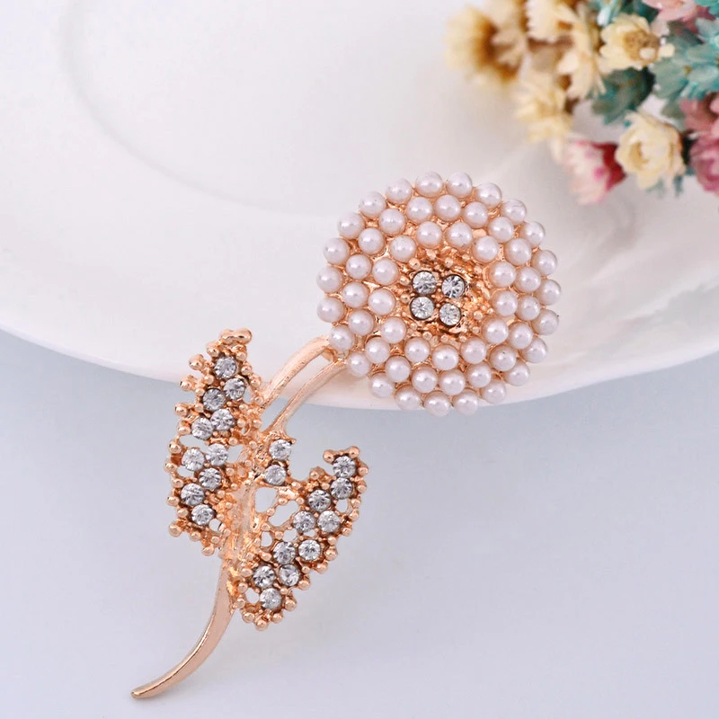 

Trendy New Crystal Rhinestone Leaf Simulated Pearl Flower Brooch Pin Brooches For Gift Jewelry