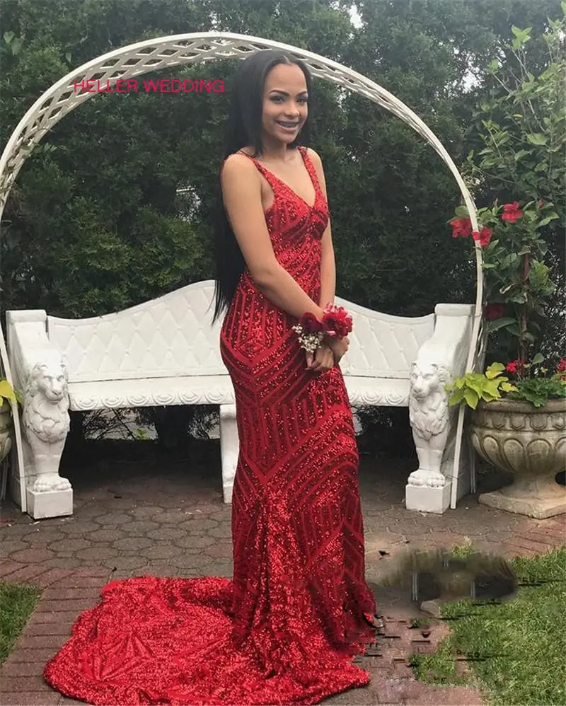 Glamorous Sequin Mermaid Prom Dress V Neck Floor Length Chapel Train Burgundy Robe De Bal Femme Longue | Свадьбы и торжества