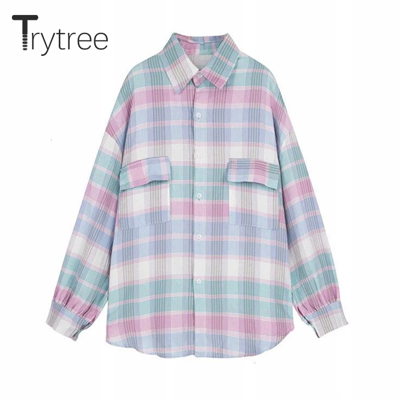 Ttytree Лето Осень блузки женские повседневные разноцветные клетчатые с отложным
