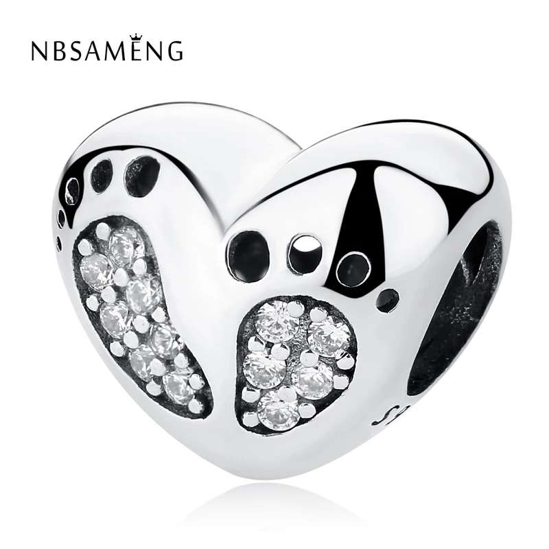 

Authentic 925 Sterling Silver Bead CZ Crystal Footprint Of Love Charm Fit Bracelets Bangles DIY Jewelry