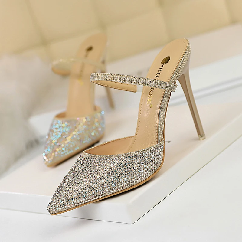 BIGTREE green sandals high heels summer shoes woman sexy rhinestone sandales femme 2019 stiletto shallow party sandalia feminina | Обувь