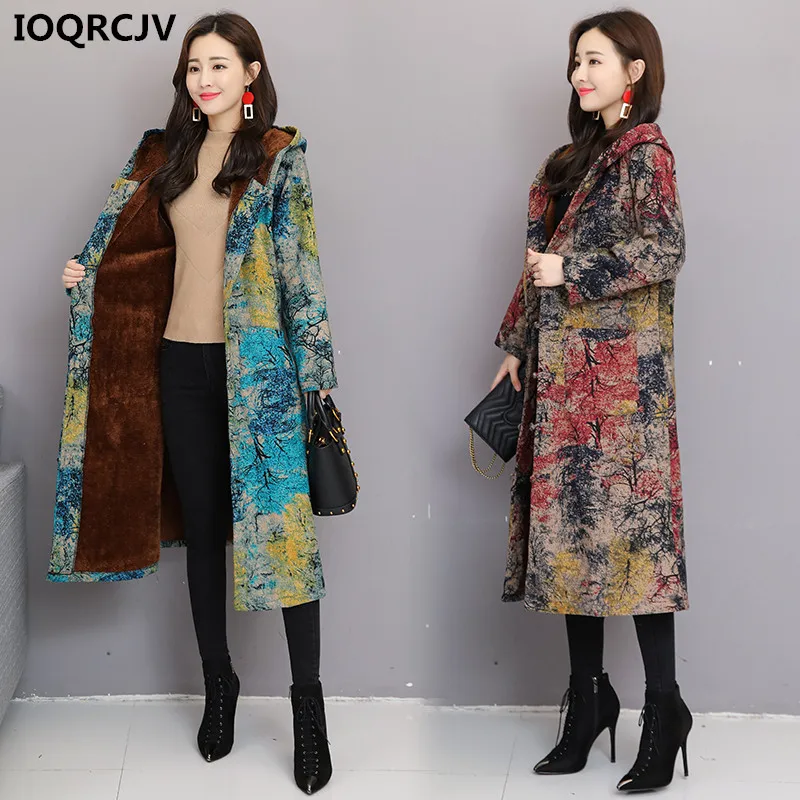 Женская длинная куртка с капюшоном повседневная хлопковая винтажным принтом