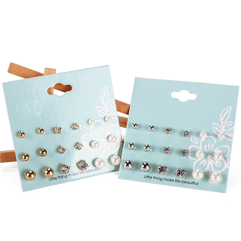 New 9 Pair/Set Gold Silver Plated Ear Stud Crystal Pearl Beads Earrings Women Fashion Jewelry #95619 | Украшения и аксессуары