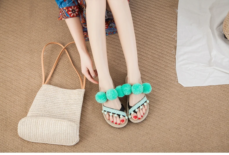 Женские сандалии с помпонами; Boho Hemp Espadrilles; пляжные шлепанцы; Летние праздничные Вьетнамки; Размеры 35-44