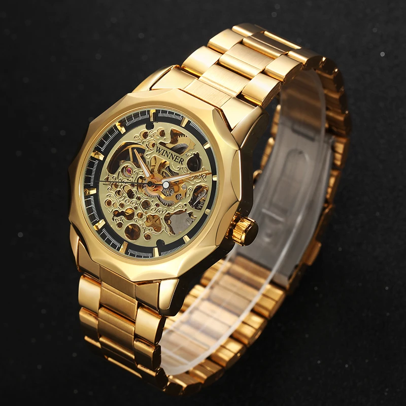 WINNER золотые часы мужские деловые военные наручные с скелетом автоматические