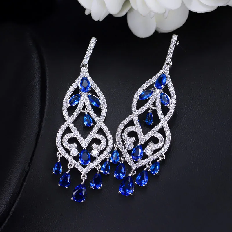 blue CWWZircons бренд белое золото цвет капля воды кисточка кубический цирконий камни длинные элегантные винтажные вечерние серьги для женщин CZ027 - Окраска металла: blue