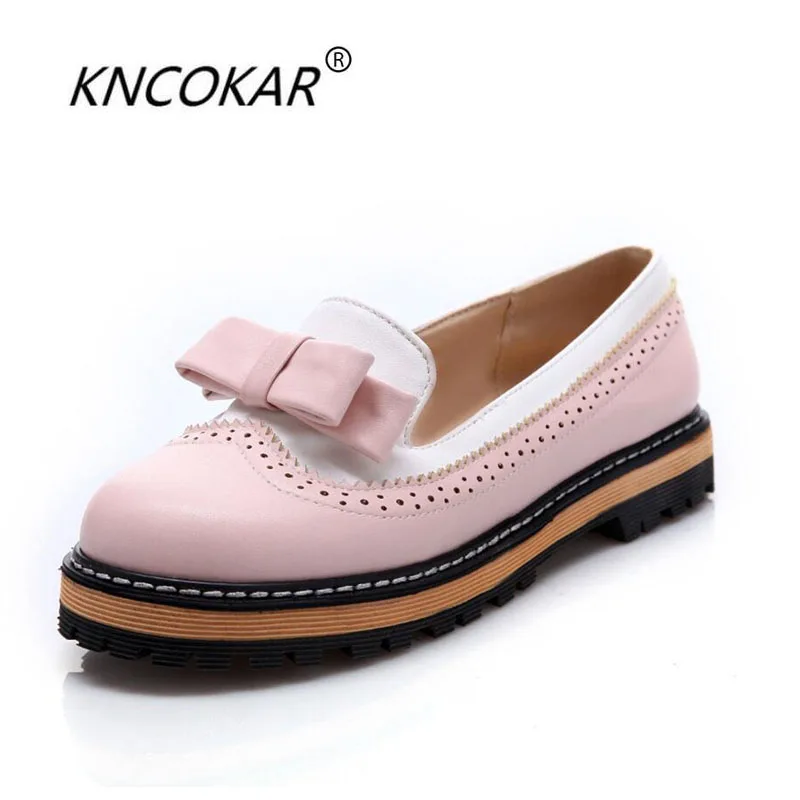 

KNCOKAR spring and autumn new single-shoe Color matching bowknot The bottom of the thick Fashionable and sweet women's shoes