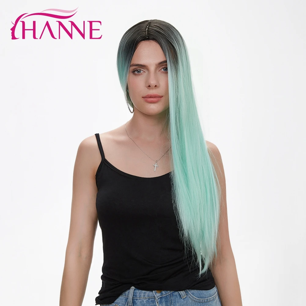 HANNE длинные прямые синтетические парики Омбре черный до Mintgreen натуральные высокотемпературные волокна парики для женщин Косплей или вечерние