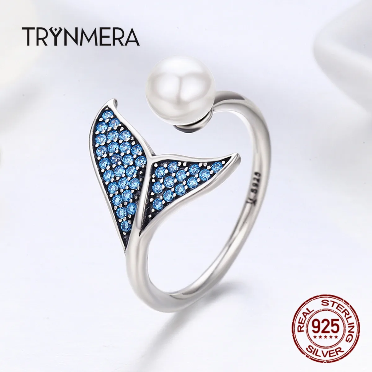 Trynmera925 серебро Регулируемый Дельфин хвост синий кольца на палец фианит для женщин стерлингового серебра ювелирные изделия GiftTR066