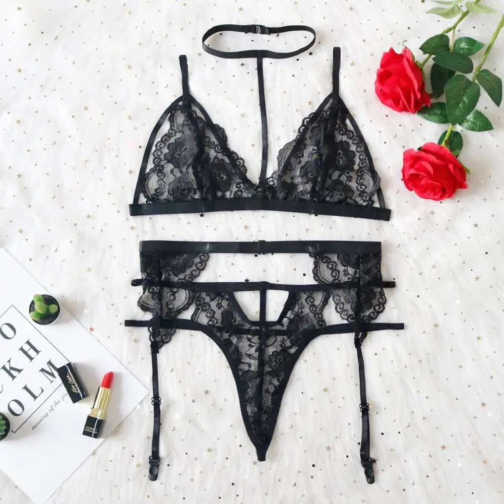 Fashion New Women V-neck Lace Sexy Underwear Bra Thong With Garter Set Lingerie Dress Sexy Underwear Nightwear G-string J11