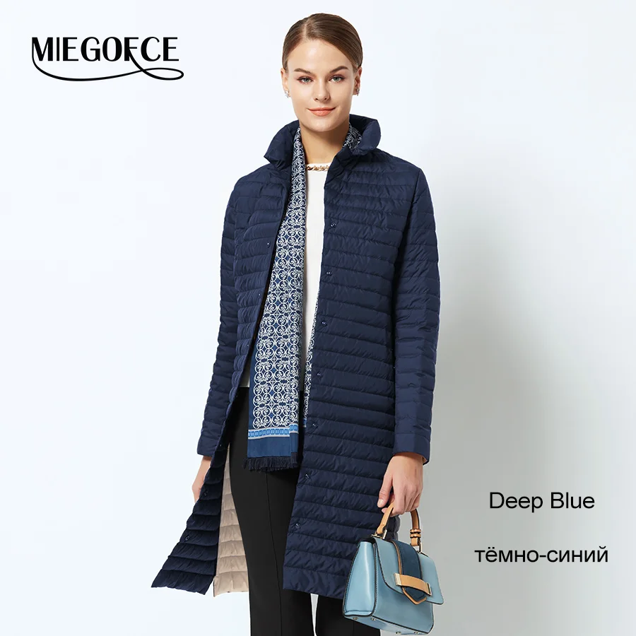 605 Deep Blue MIEGOFCE Весенняя Осенняя Коллекция КуртокТонкий Женский Плащь Утепленное Пальто Длина До Колен Куртка С Стоячим Воротником Женское Элегантное Пальто Плащь На Кнопках Стеганка - Цвет: 605 Deep Blue