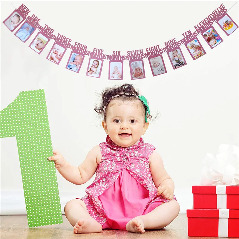 Birth To One Year Old 13 Months Photo Frame Banner First Happy Birthday Decorations 1st Baby Boy Girl