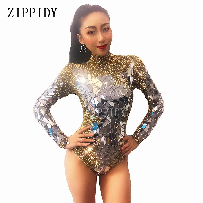 Gold Rhinestones Flashing Mirrors Bodysuit Women's Birthday Prom Celebrate Outfit Evening DJ Women Dance Show Sexy Clothes