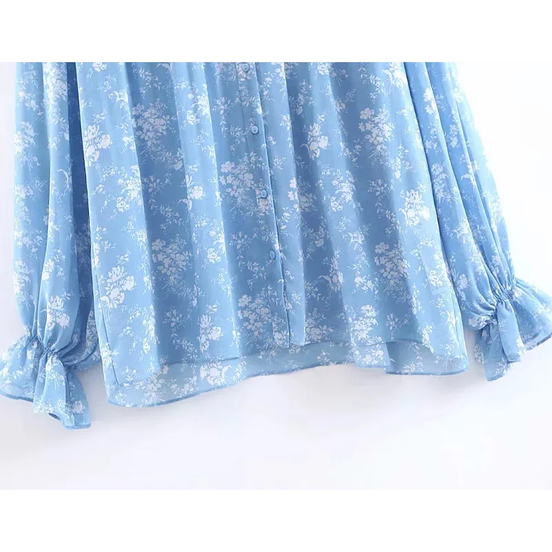 Женские шифоновые блузки с оборками синие плиссированные рубашки цветочным