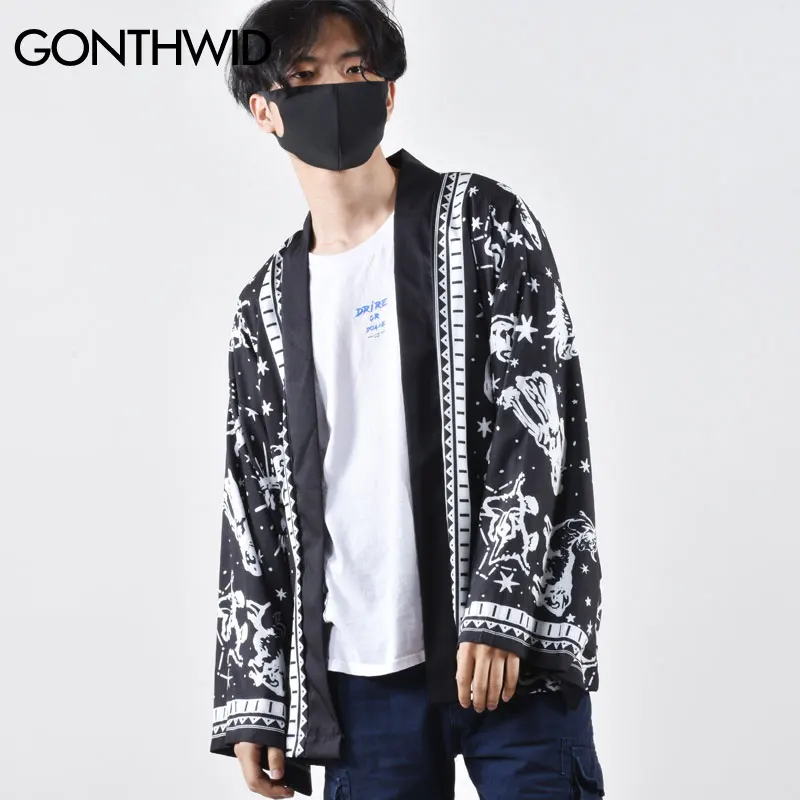 Японское кимоно GONTHWID с принтом в виде созвездий куртка Haori Харадзюку рубашка