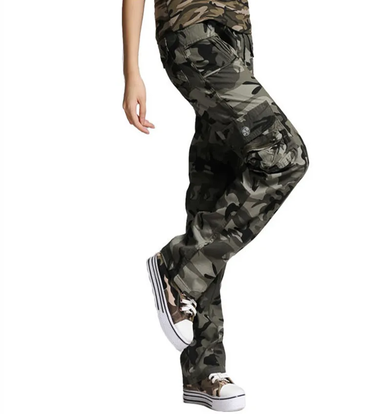

Military Camouflage Pants Women Casual Multi Pocket Loose Straight Cotton Cargo Trousers For Female