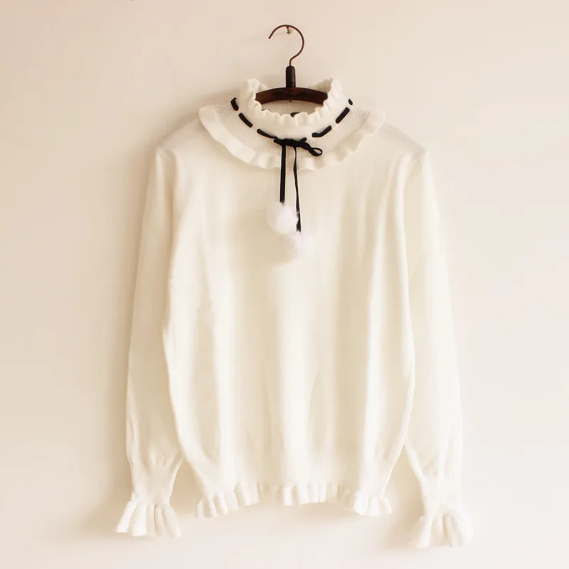 Adomoe Autumn Female Sweater Ruffles Turtleneck Knitwear Soft sister Lovely Cute Japanese Young Girl Sweet Women Solid Sweaters | Женская
