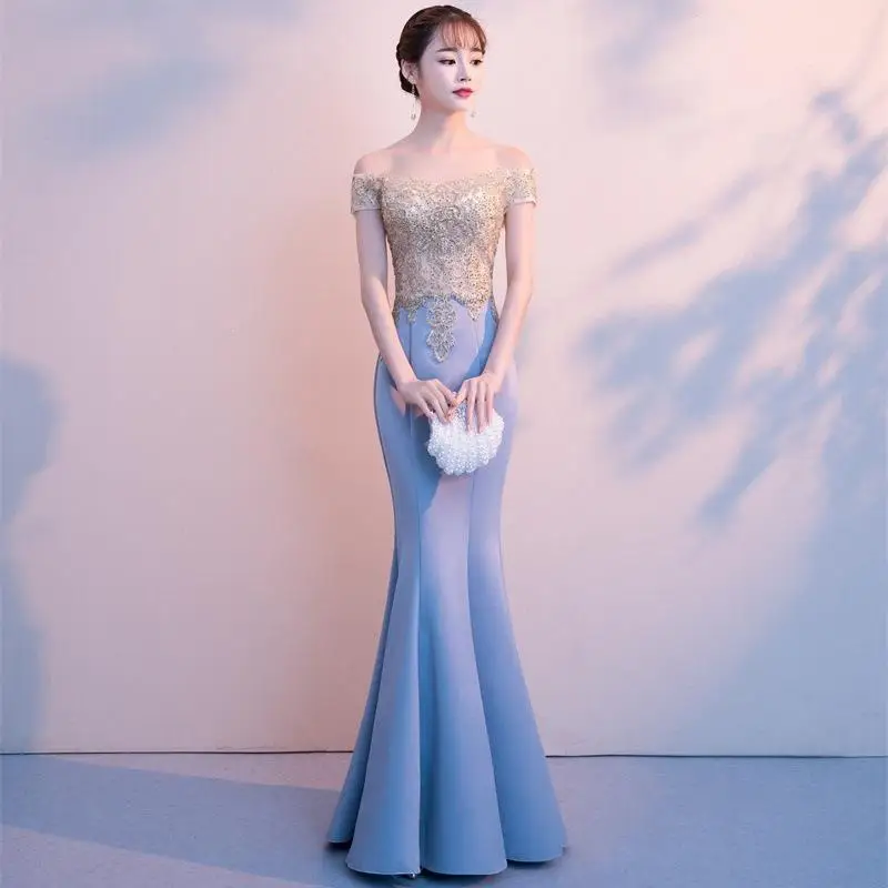 Grey Blue Robe De Soiree сексуальное банкетное элегантное вечернее платье в пол русалка расшитое бисером с аппликацтей на выпускной платье невесты Длинные вечерние платья - Цвет: Grey Blue